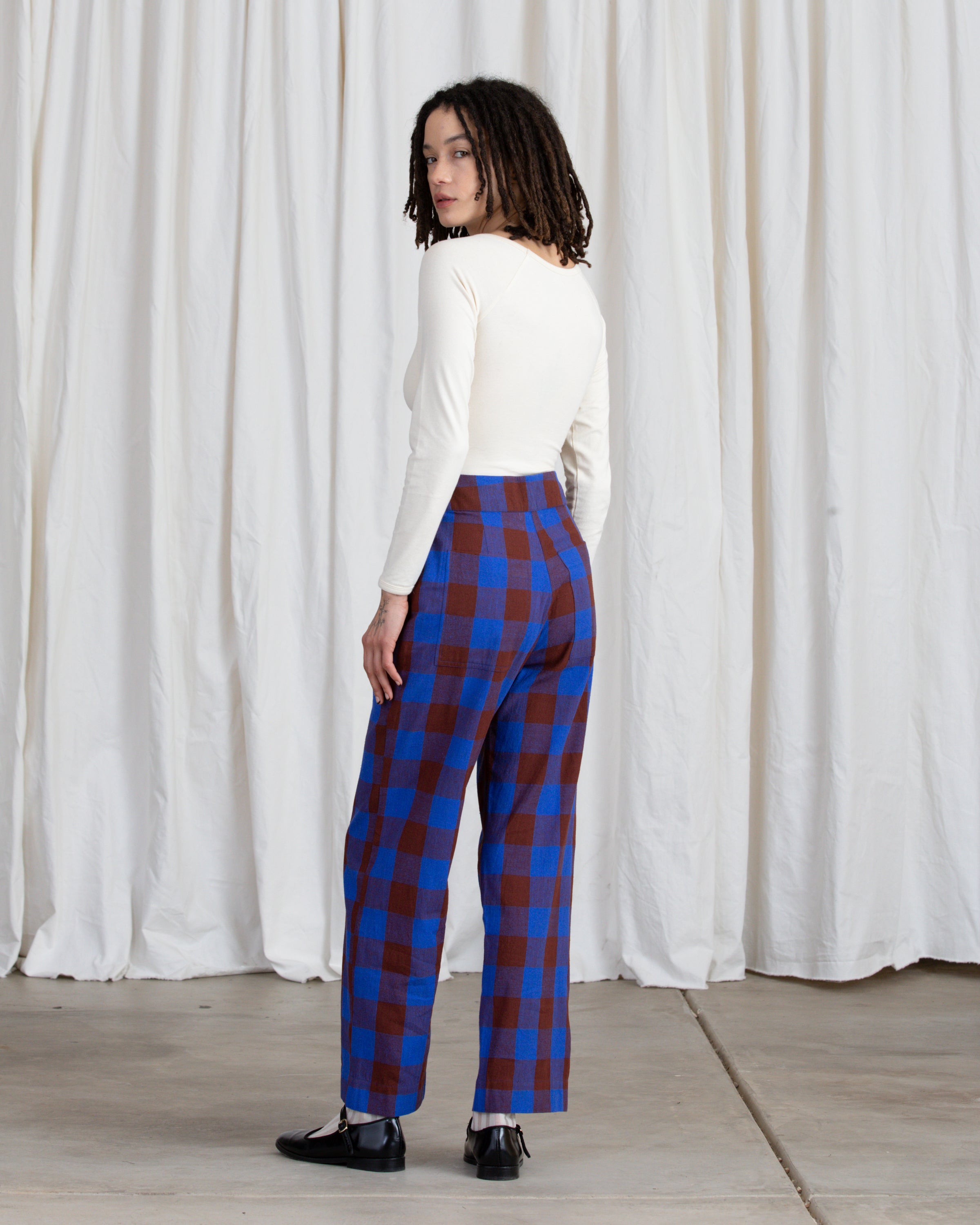 SILK FLY FRONT PANT W/ POCKETS - RUST/COBALT PLAID