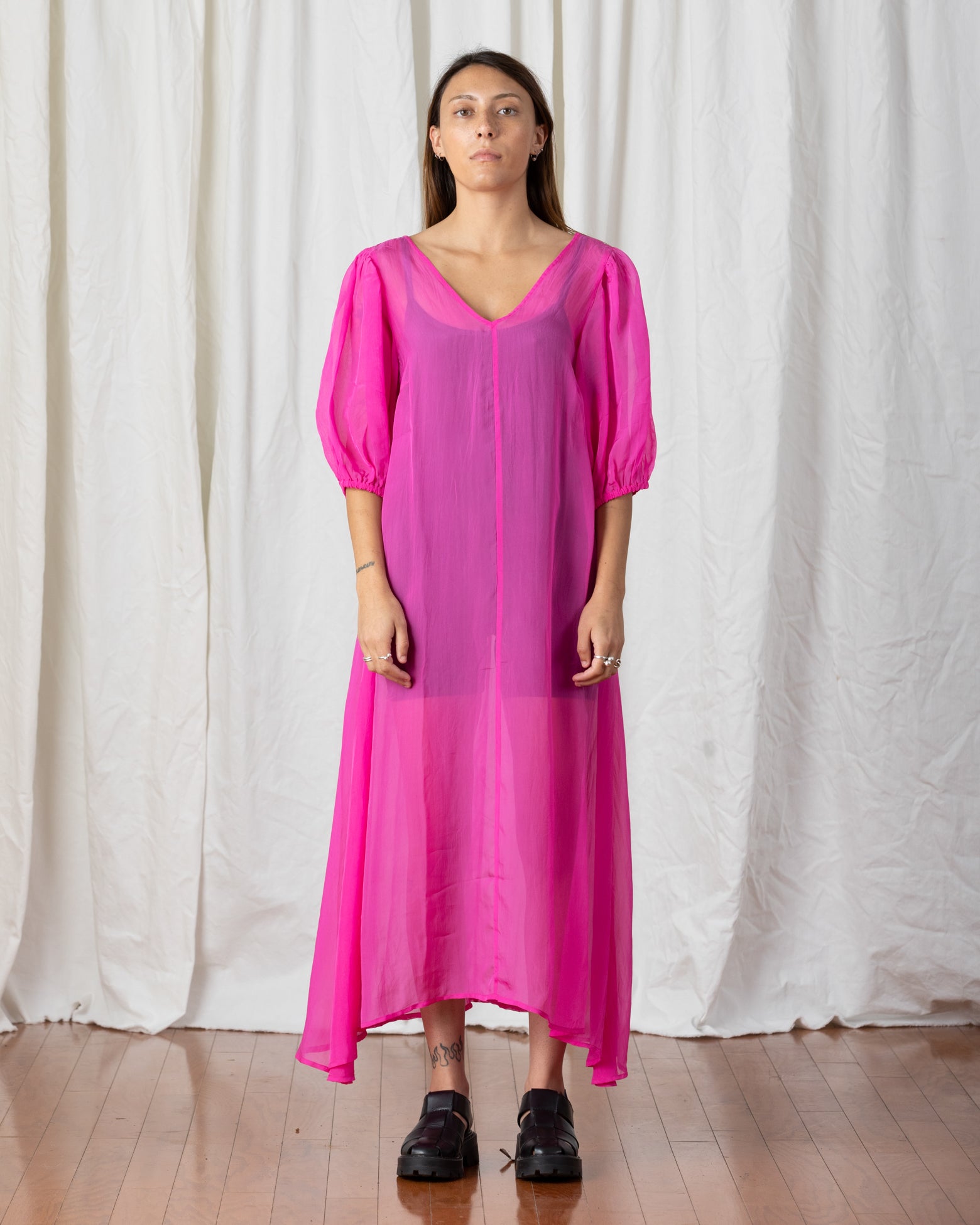 SAMPLE - SHEER DOUBLE V-NECK MAXI DRESS - NEON PINK