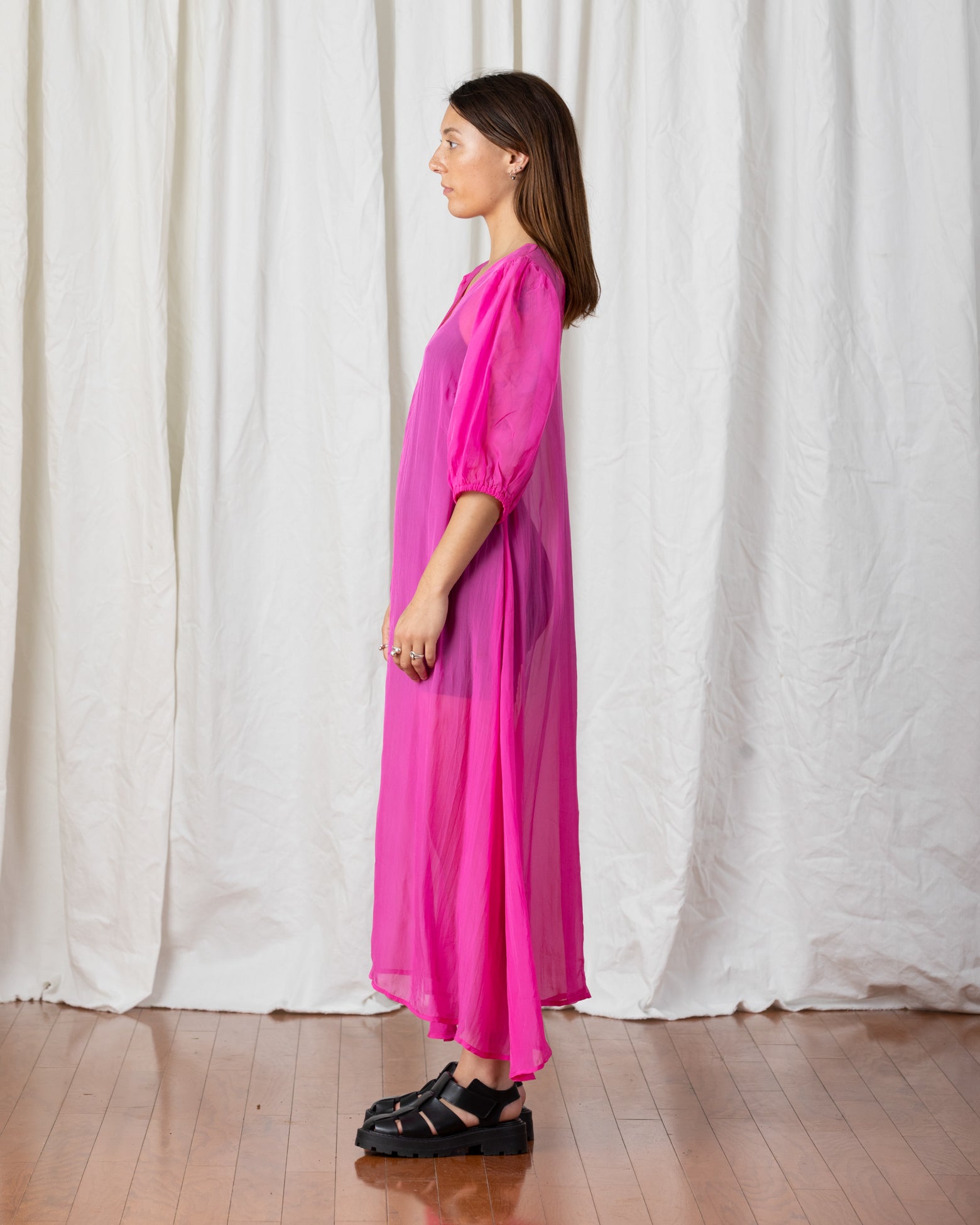 SAMPLE - SHEER DOUBLE V-NECK MAXI DRESS - NEON PINK