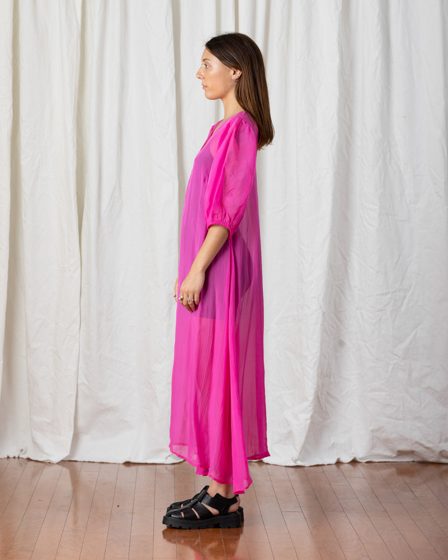 SHEER DOUBLE V-NECK MAXI DRESS - NEON PINK