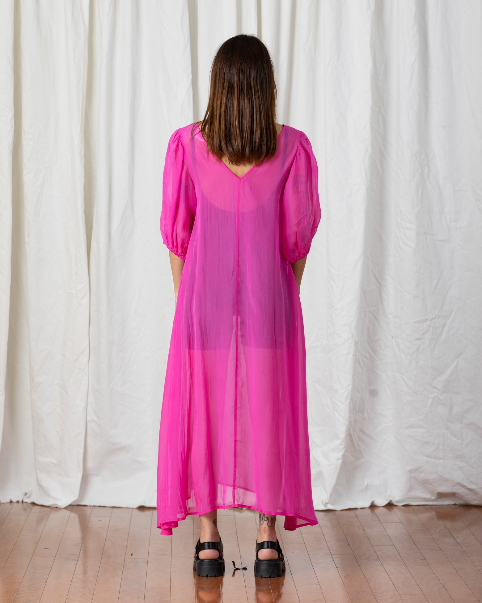 SAMPLE - SHEER DOUBLE V-NECK MAXI DRESS - NEON PINK