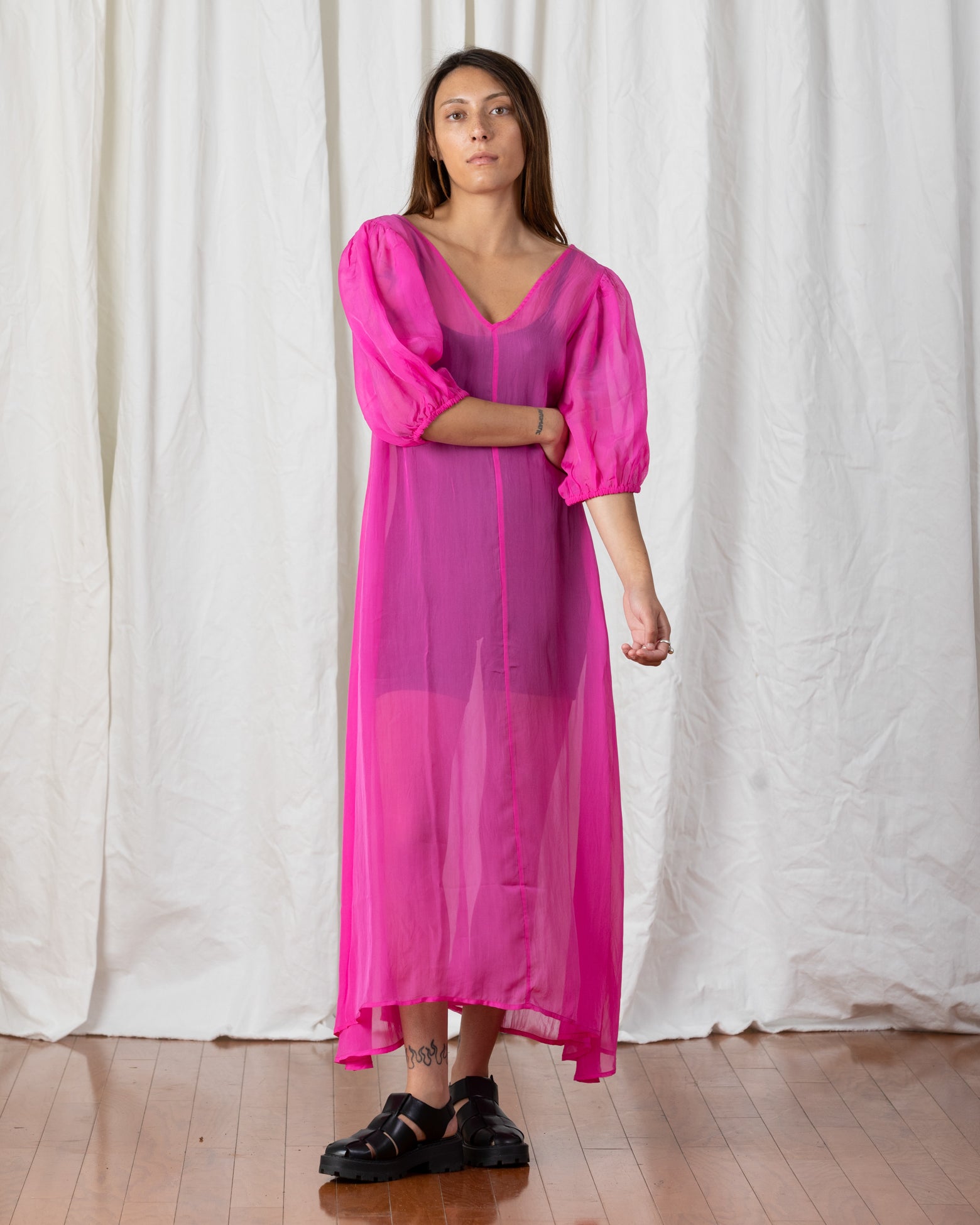 SAMPLE - SHEER DOUBLE V-NECK MAXI DRESS - NEON PINK