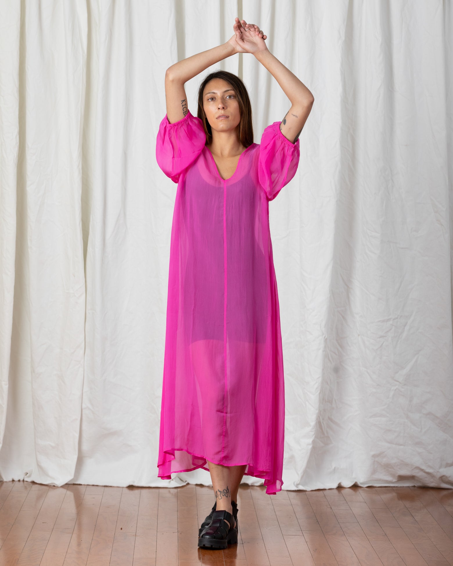 SAMPLE - SHEER DOUBLE V-NECK MAXI DRESS - NEON PINK