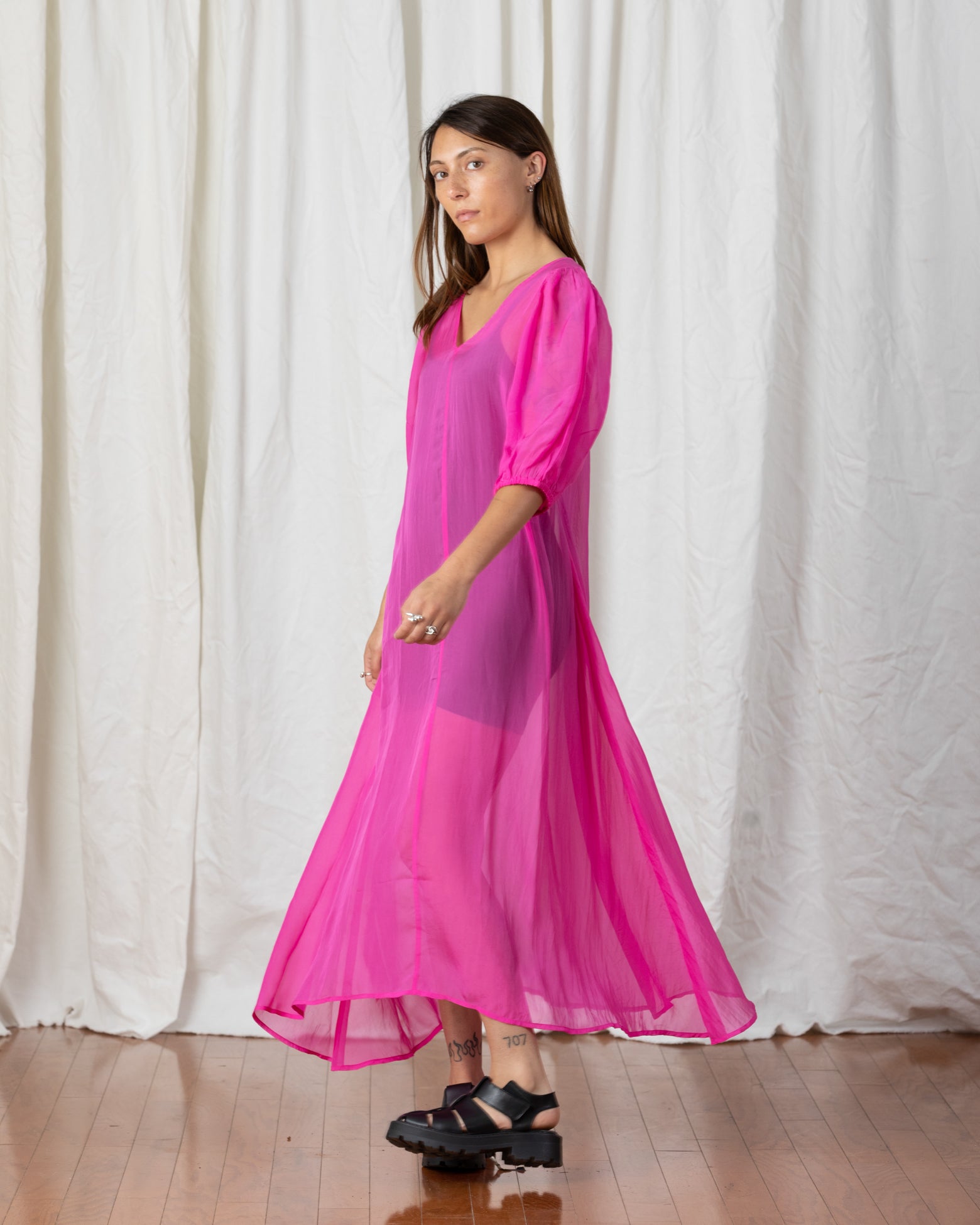 SAMPLE - SHEER DOUBLE V-NECK MAXI DRESS - NEON PINK