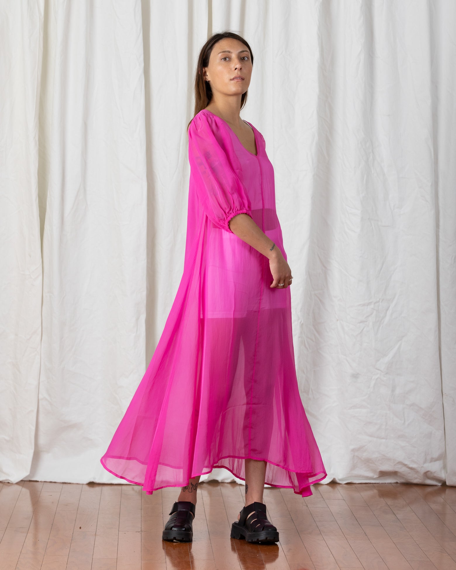 SAMPLE - SHEER DOUBLE V-NECK MAXI DRESS - NEON PINK