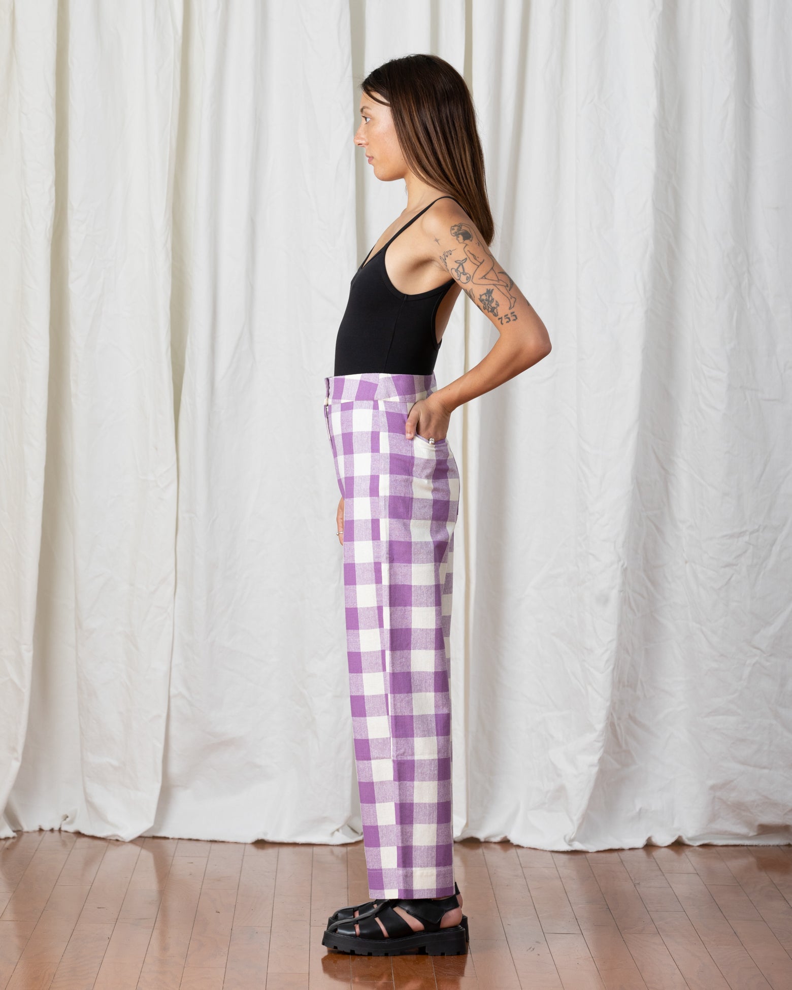 SAMPLE - SILK FLY FRONT PANT W/ POCKETS - LILAC/BONE PLAID