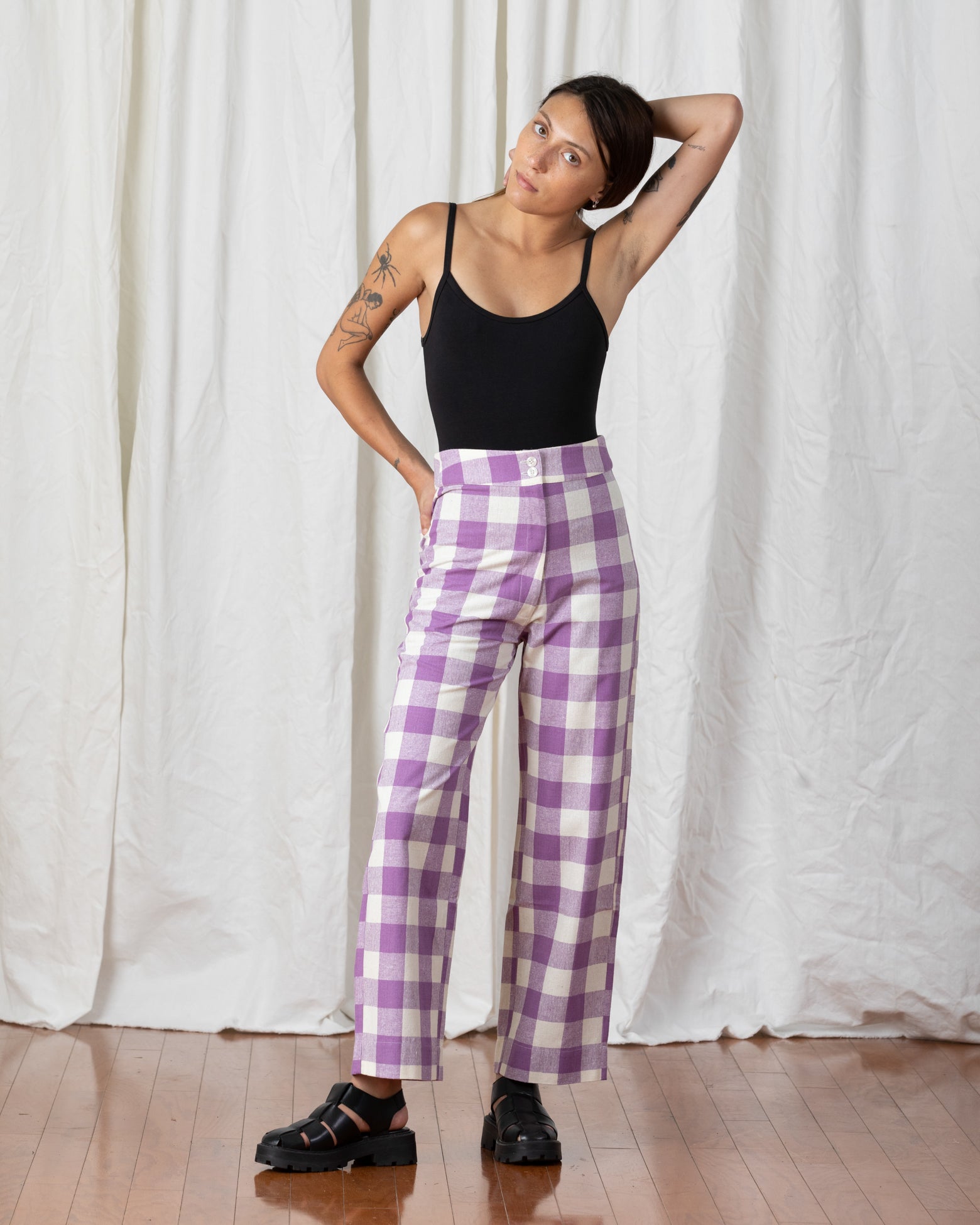 SAMPLE - SILK FLY FRONT PANT W/ POCKETS - LILAC/BONE PLAID