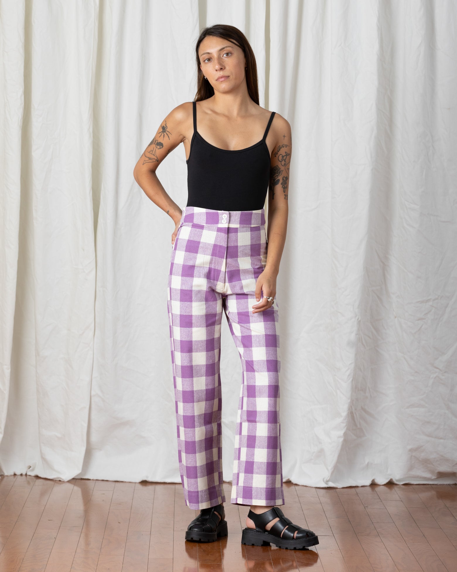 SAMPLE - SILK FLY FRONT PANT W/ POCKETS - LILAC/BONE PLAID