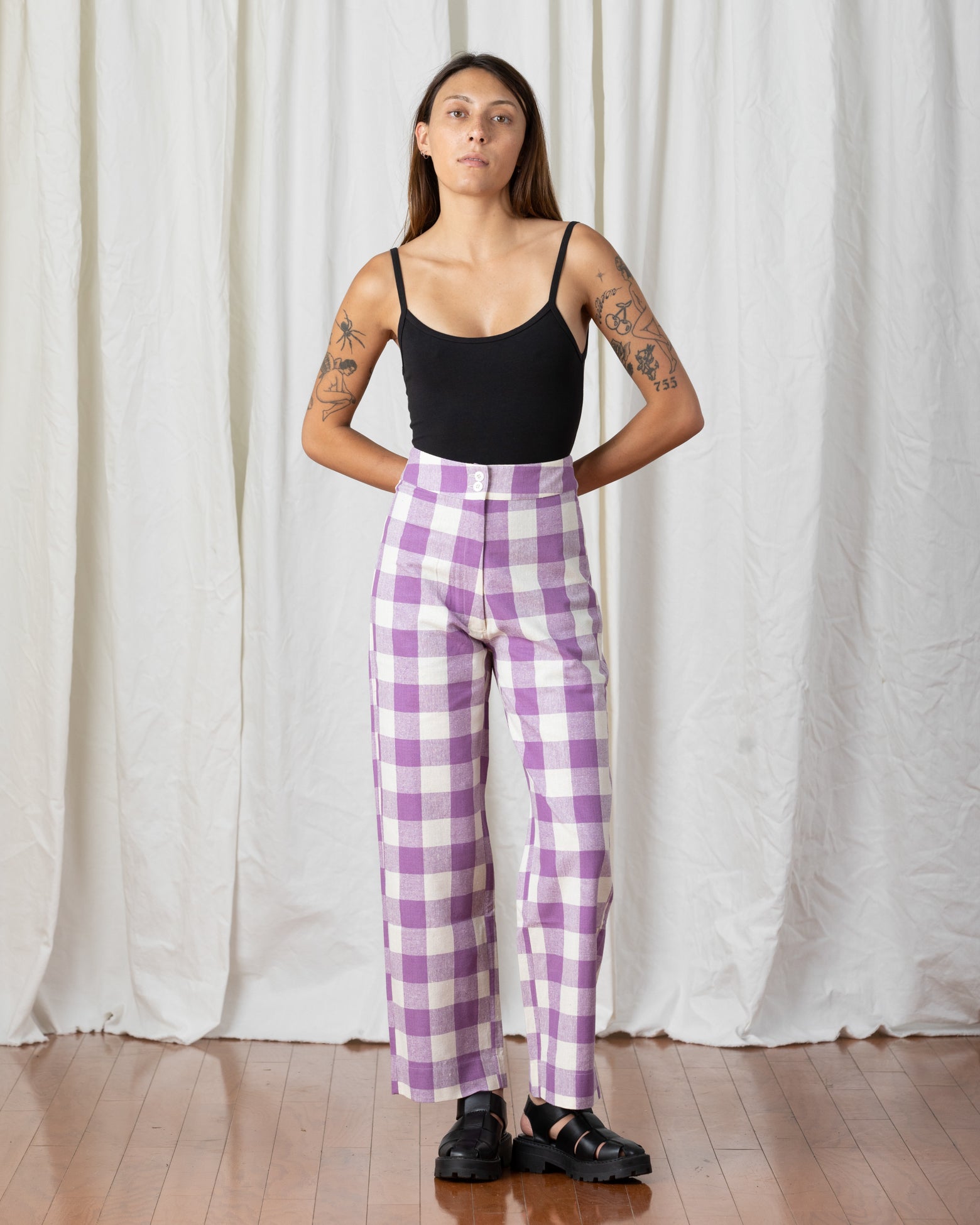 SAMPLE - SILK FLY FRONT PANT W/ POCKETS - LILAC/BONE PLAID