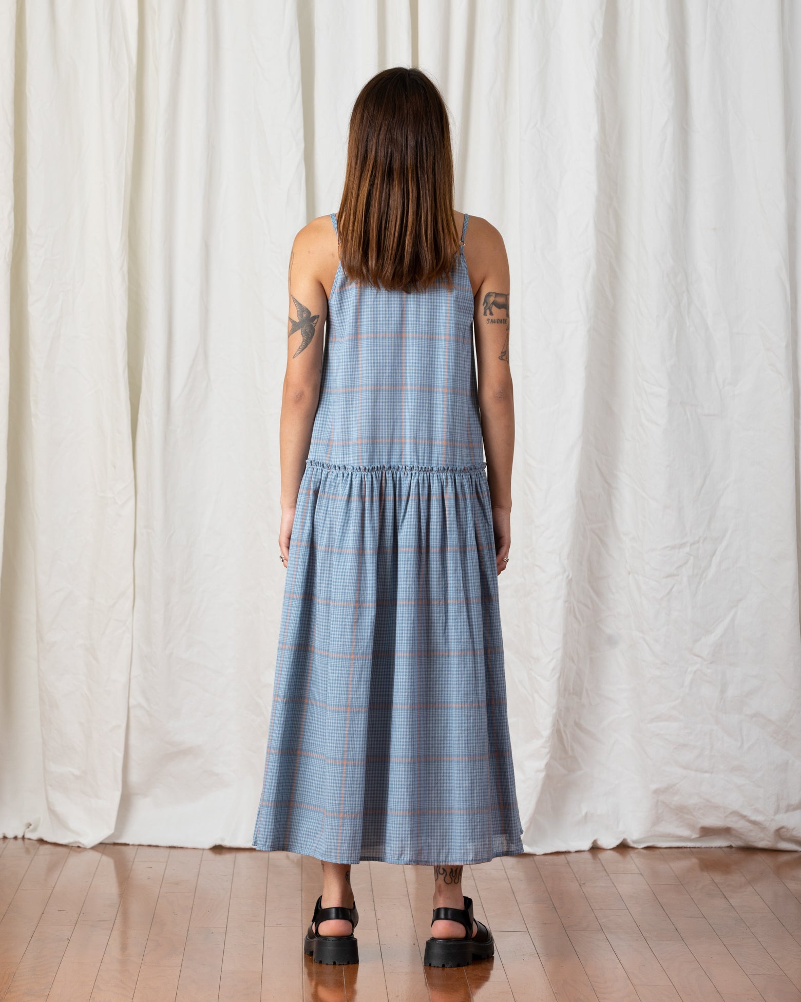 DROP WAIST RUFFLE DRESS - BLUE PLAID