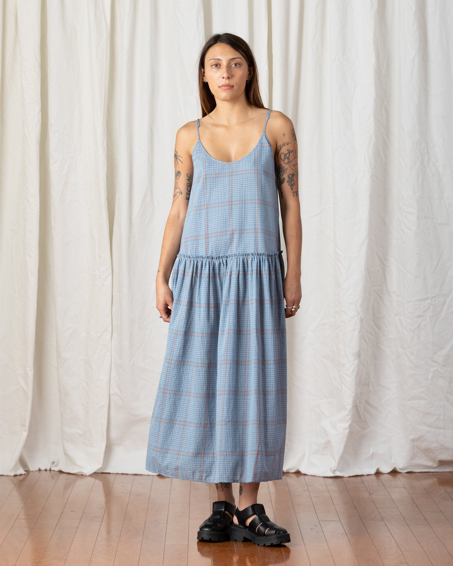 DROP WAIST RUFFLE DRESS - BLUE PLAID