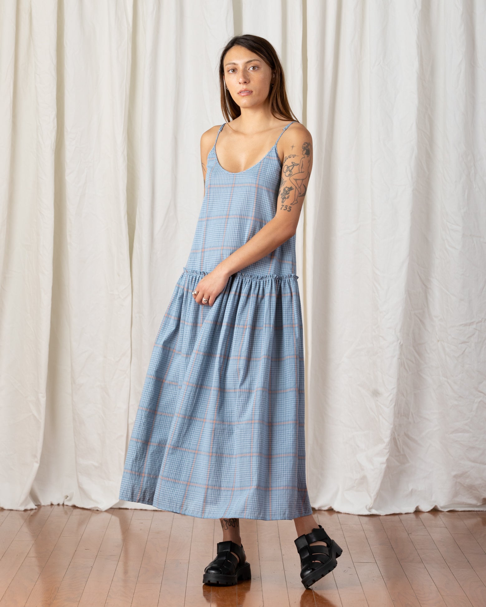 DROP WAIST RUFFLE DRESS - BLUE PLAID