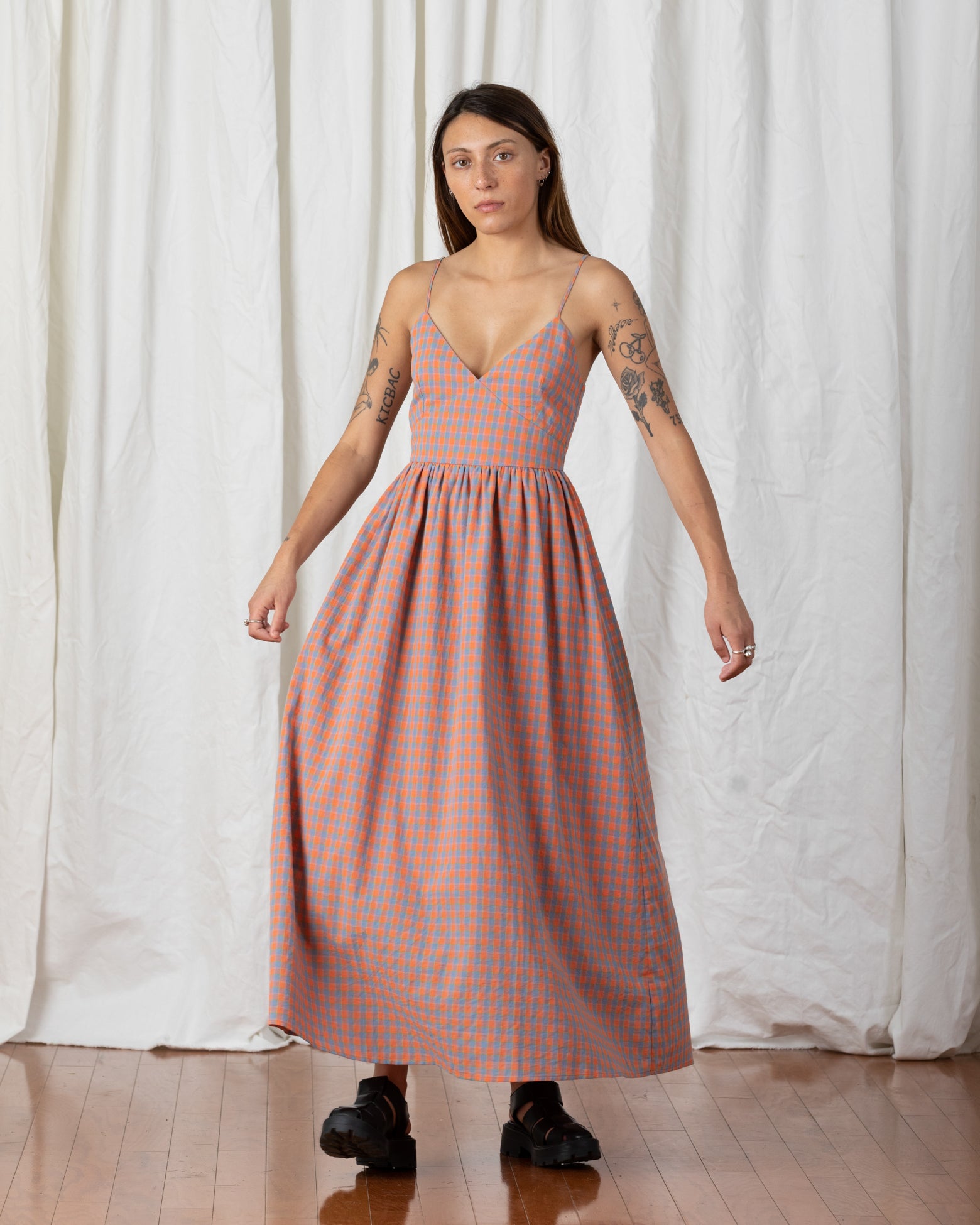 SAMPLE  - TIE BACK MAXI DRESS - CORAL PLAID