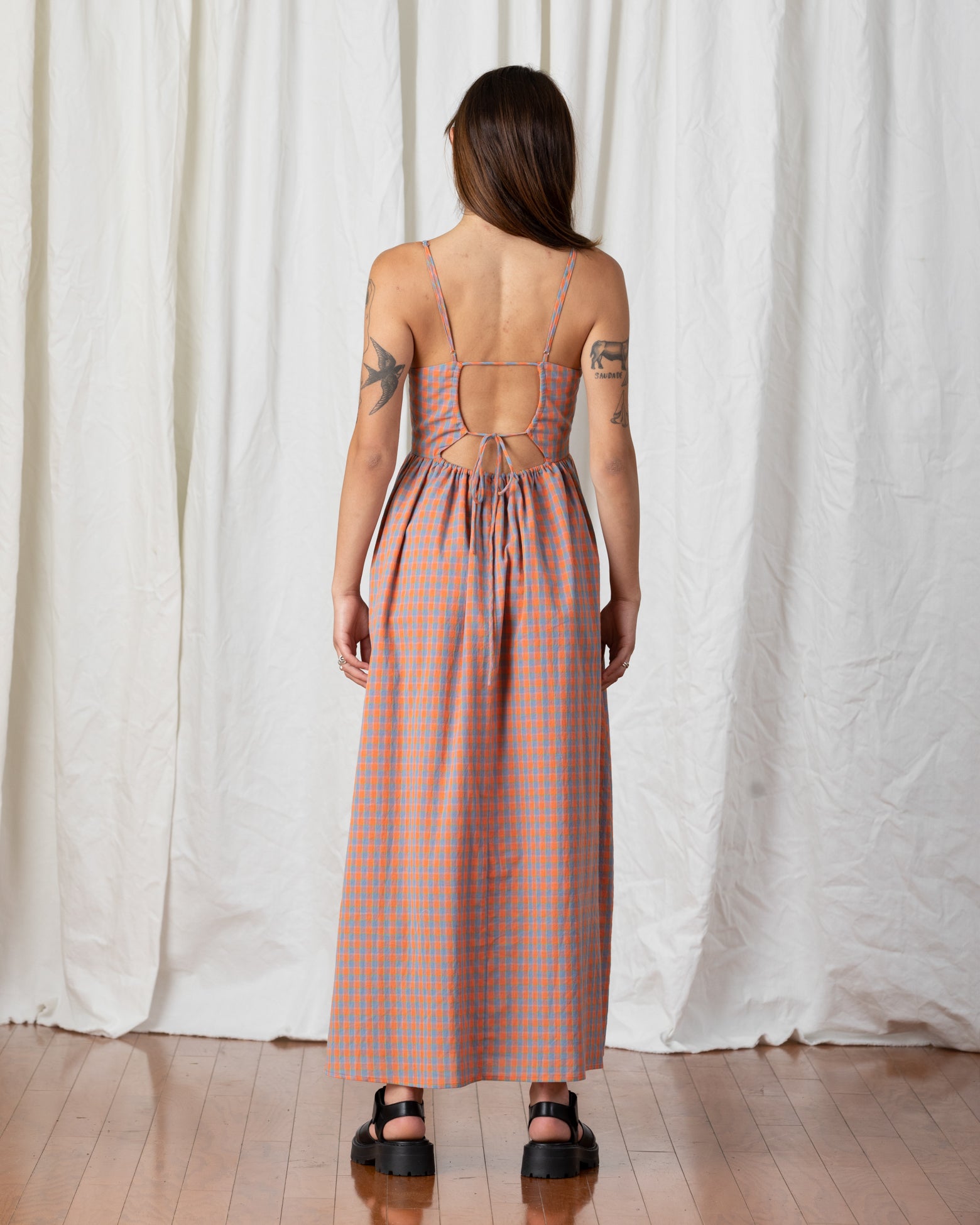 SAMPLE  - TIE BACK MAXI DRESS - CORAL PLAID
