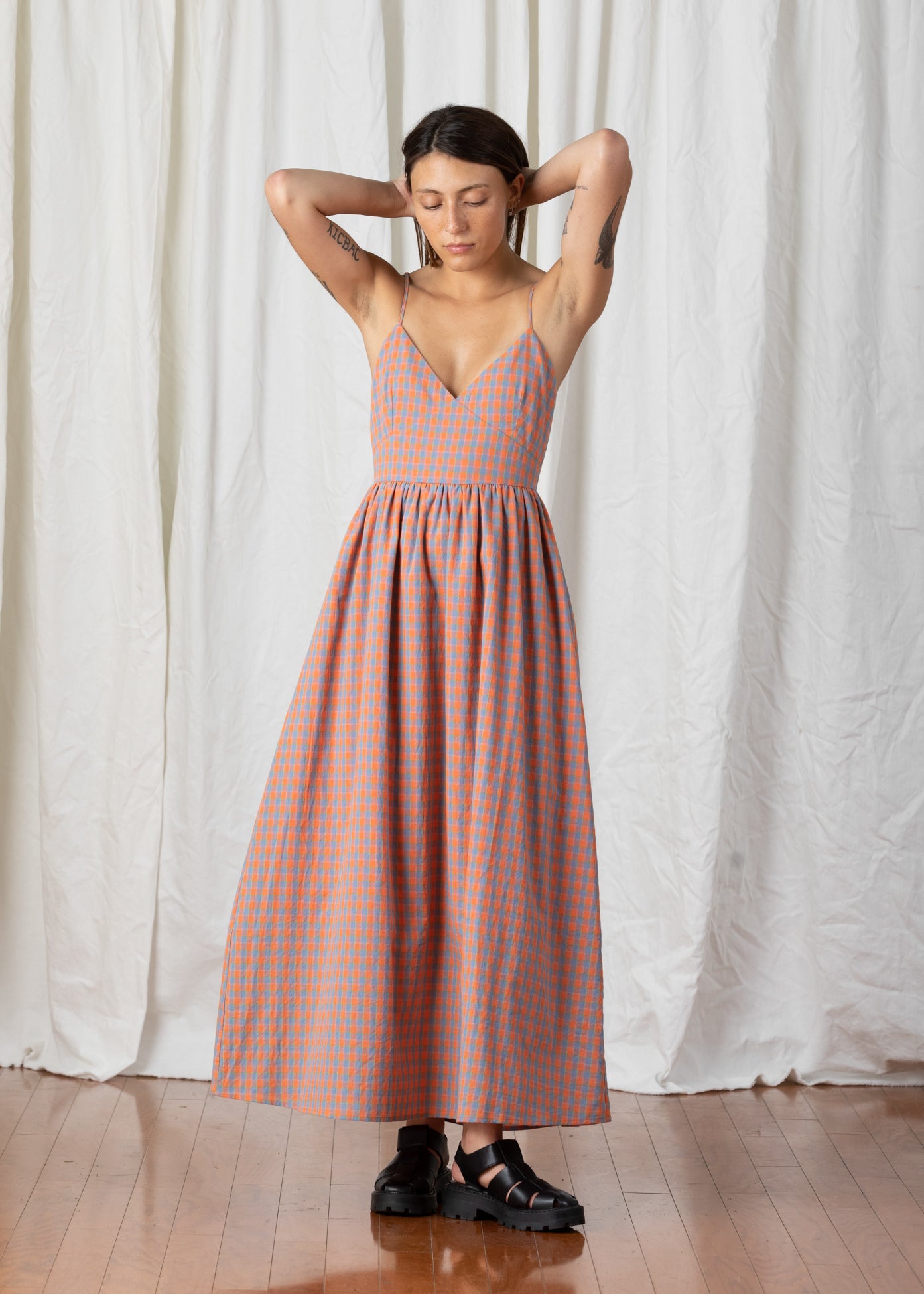 SAMPLE  - TIE BACK MAXI DRESS - CORAL PLAID