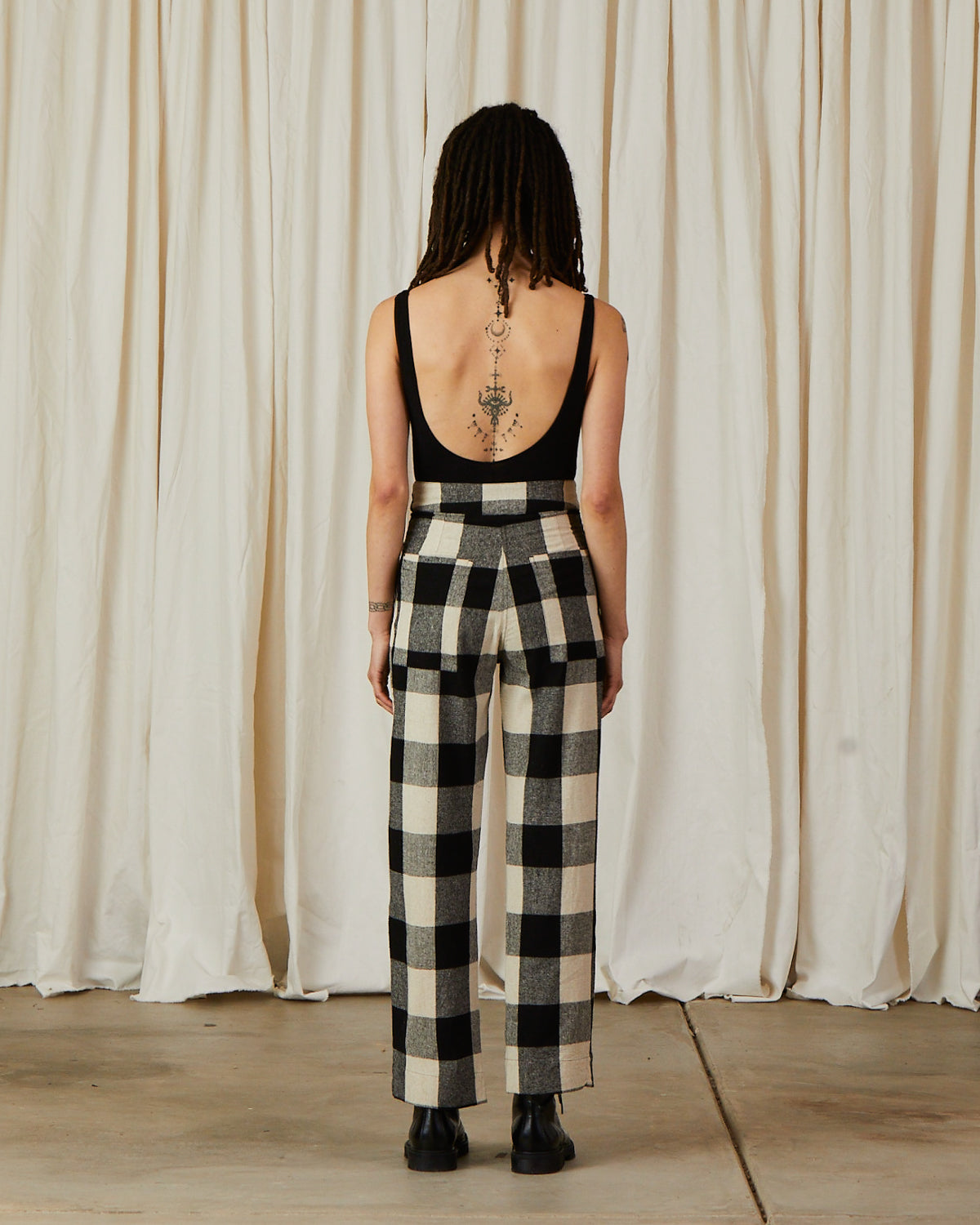 SILK FLY FRONT PANT W/ POCKETS - BLACK/CREAM PLAID