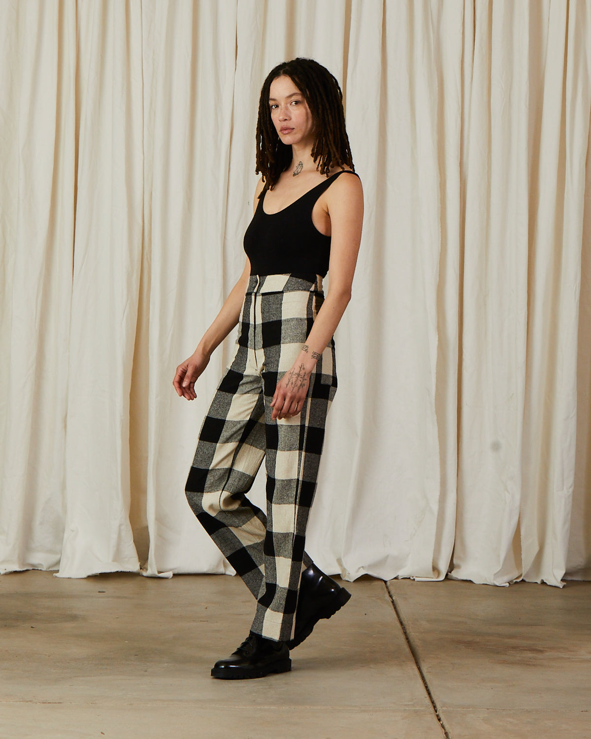 SILK FLY FRONT PANT W/ POCKETS - BLACK/CREAM PLAID