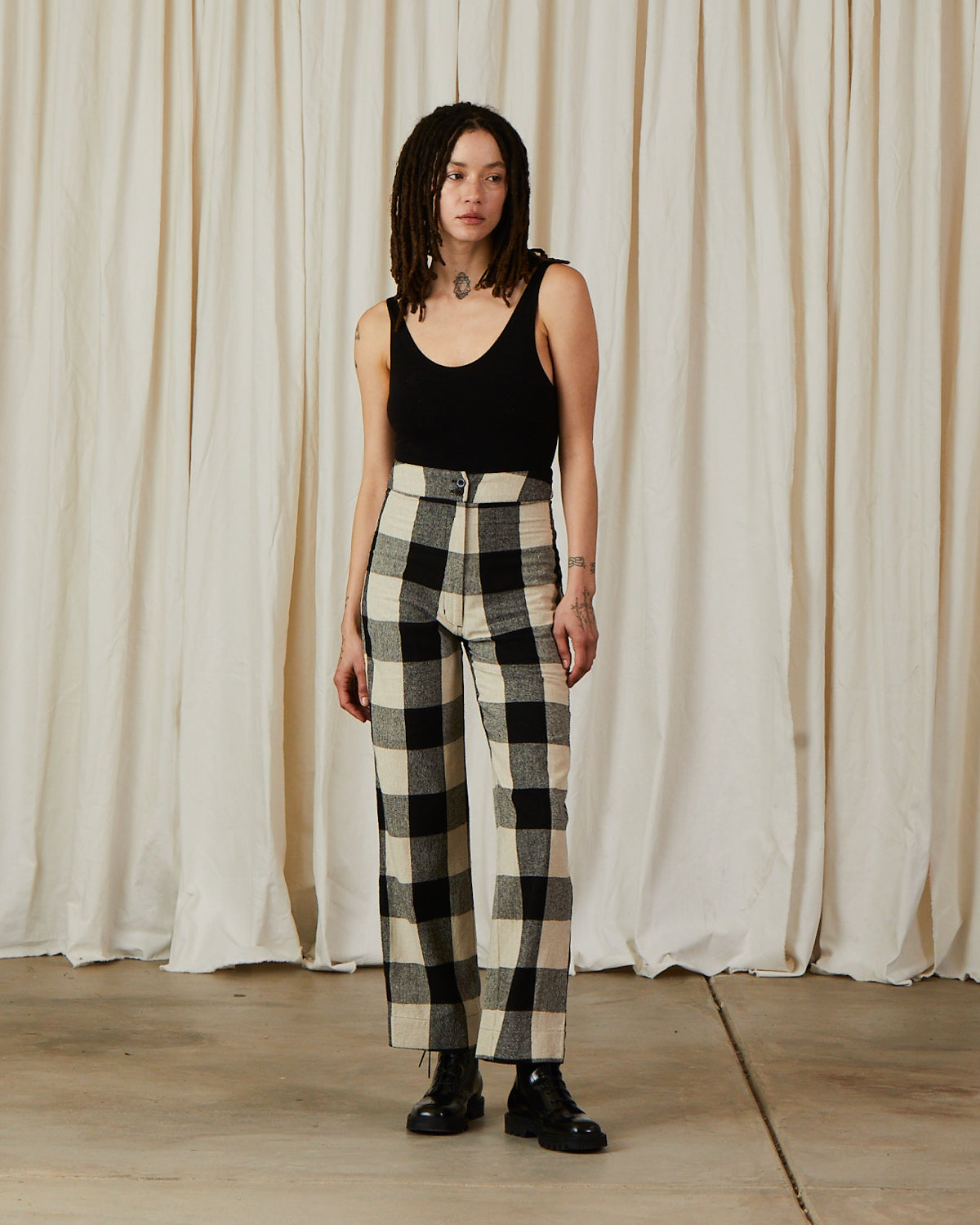 SILK FLY FRONT PANT W/ POCKETS - BLACK/CREAM PLAID