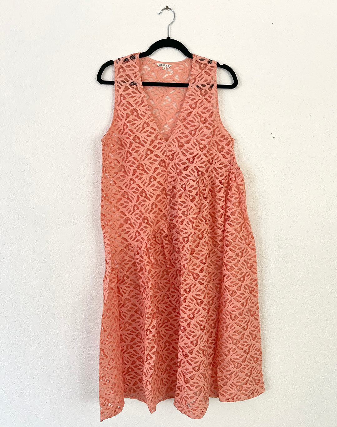 SAMPLE - CROCHET LACE V-NECK DRESS W/ GATHERS - CORAL