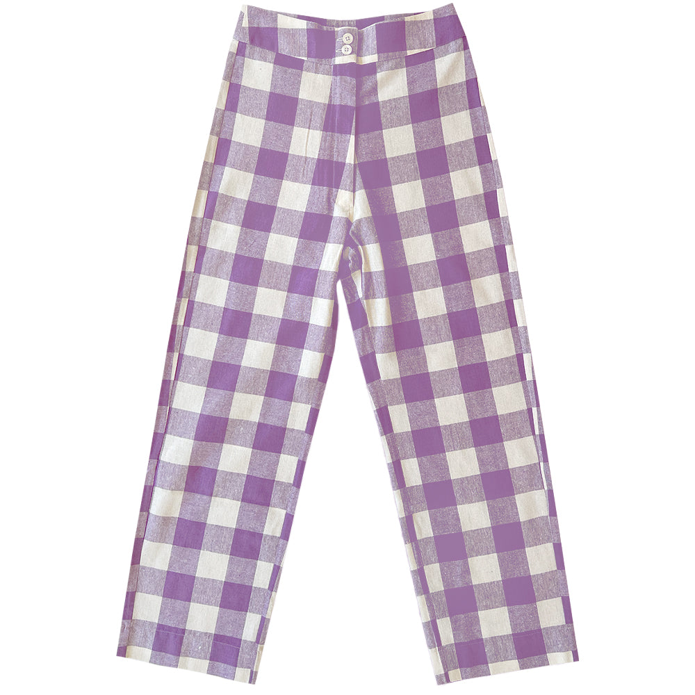SAMPLE - SILK FLY FRONT PANT W/ POCKETS - LILAC/BONE PLAID
