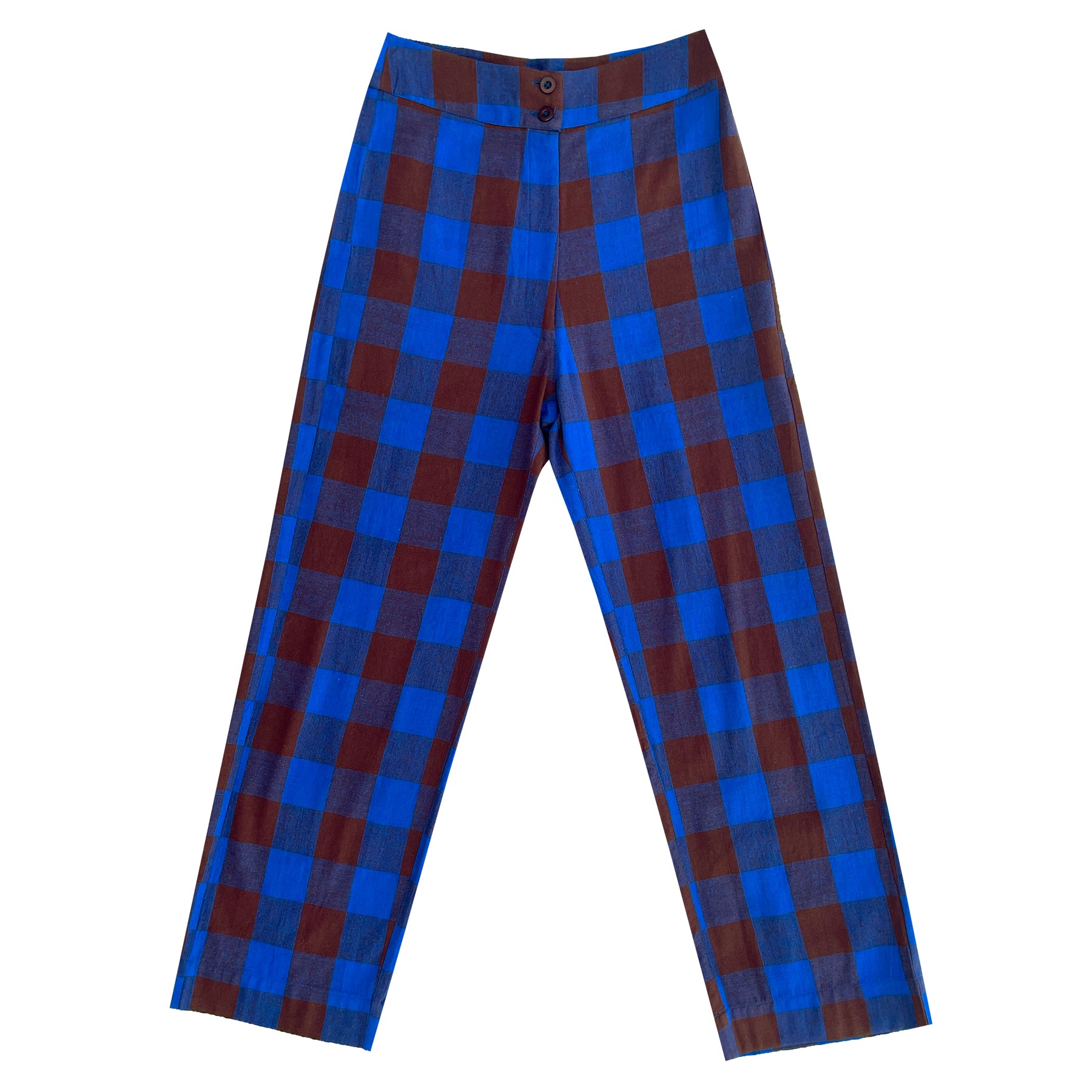 SAMPLE - SILK FLY FRONT PANT W/ POCKETS - RUST/COBALT PLAID