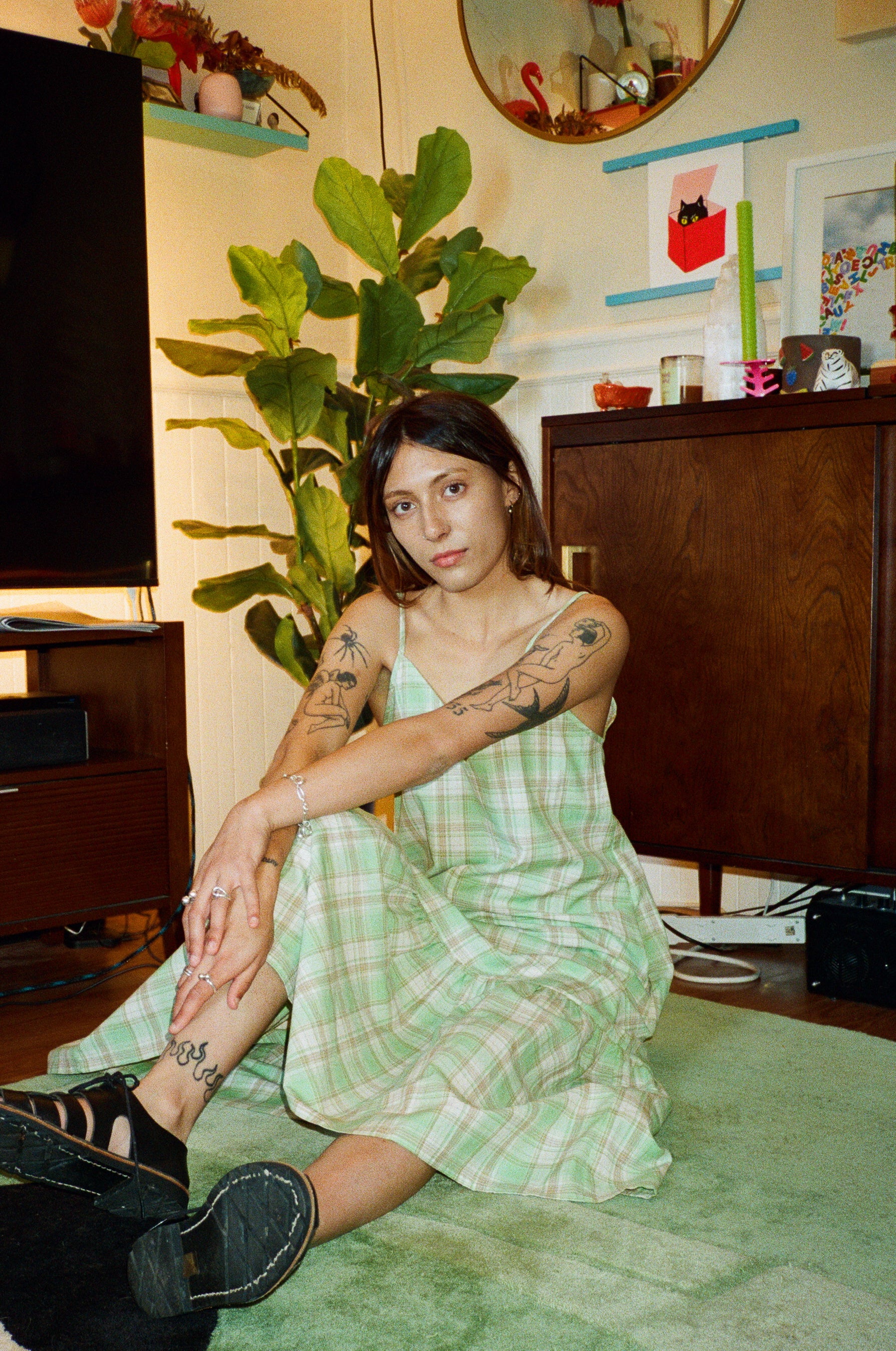 SAMPLE - SLIP DRESS W/ RUFFLE - LIME PLAID