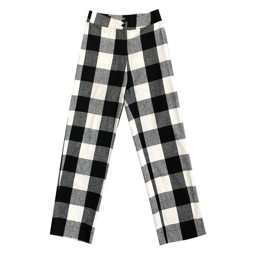 SILK FLY FRONT PANT W/ POCKETS - BLACK/CREAM PLAID